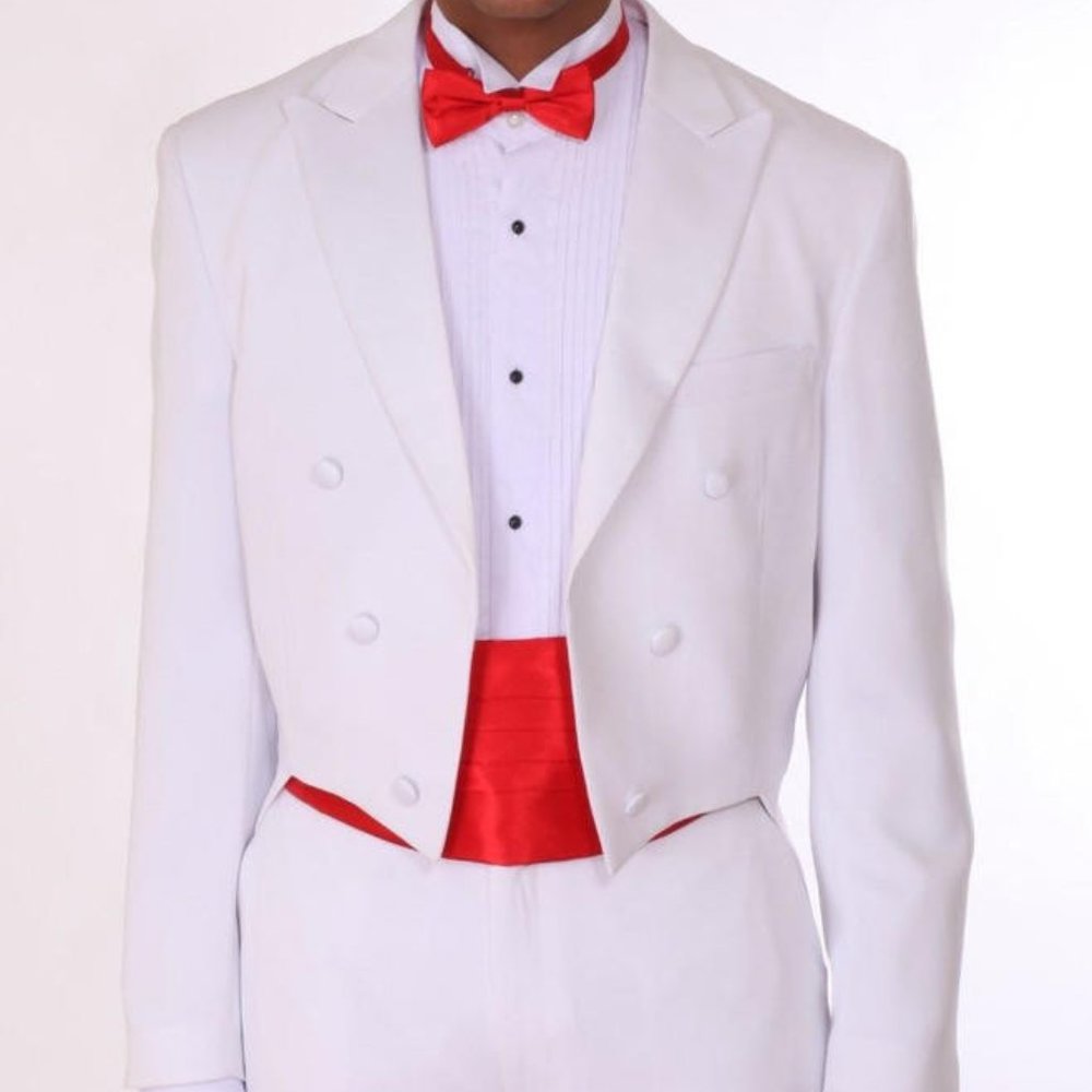 Men's White Tuxedo Tailcoat with Satin Lapels- Easy Care Wedding Prom Black Tie